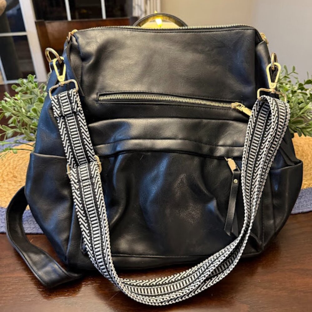 Black Faux Leather backpack with adjustable shoulder straps & guitar strap
